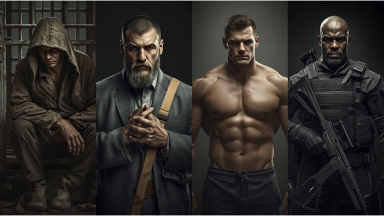 shows 4 people: a prisoner, a missionary, an athlete, and a mercenary
