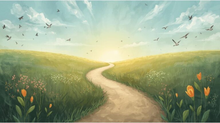 a painting of a path through a field